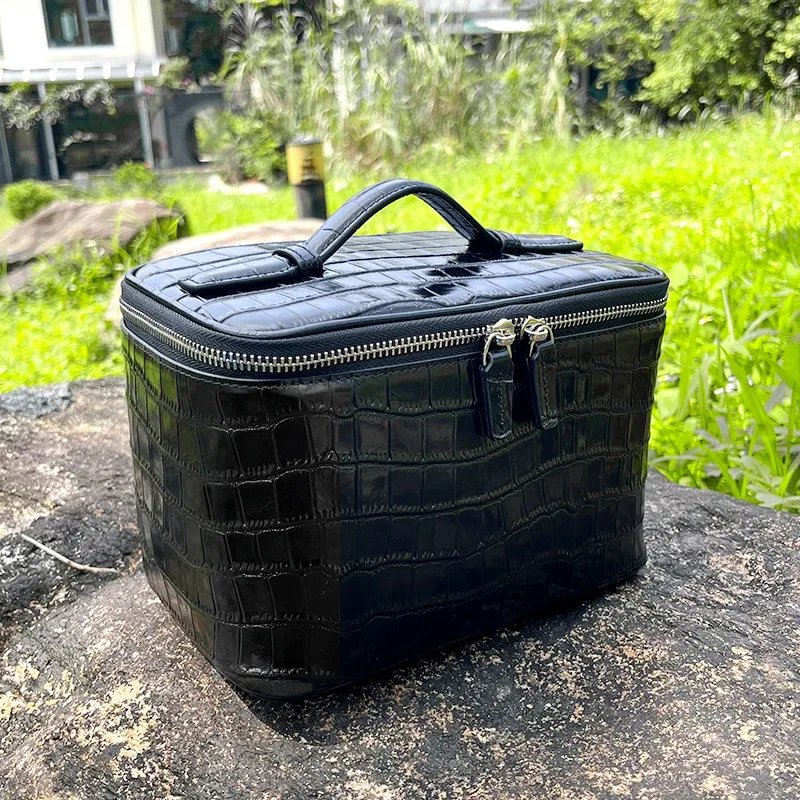 sac de maquillage en cuir de vache à motif crocodile, sac à cosmétiques pour femmes, sac de voyage portable, sac de rangement pratique de grande capacité