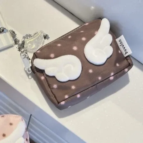 pochette à fermeture éclair avec motif d'ailes d'ange, sac cosmétique à imprimé étoile kawaii, mini organisateur en nylon pour le maquillage et les petits objets