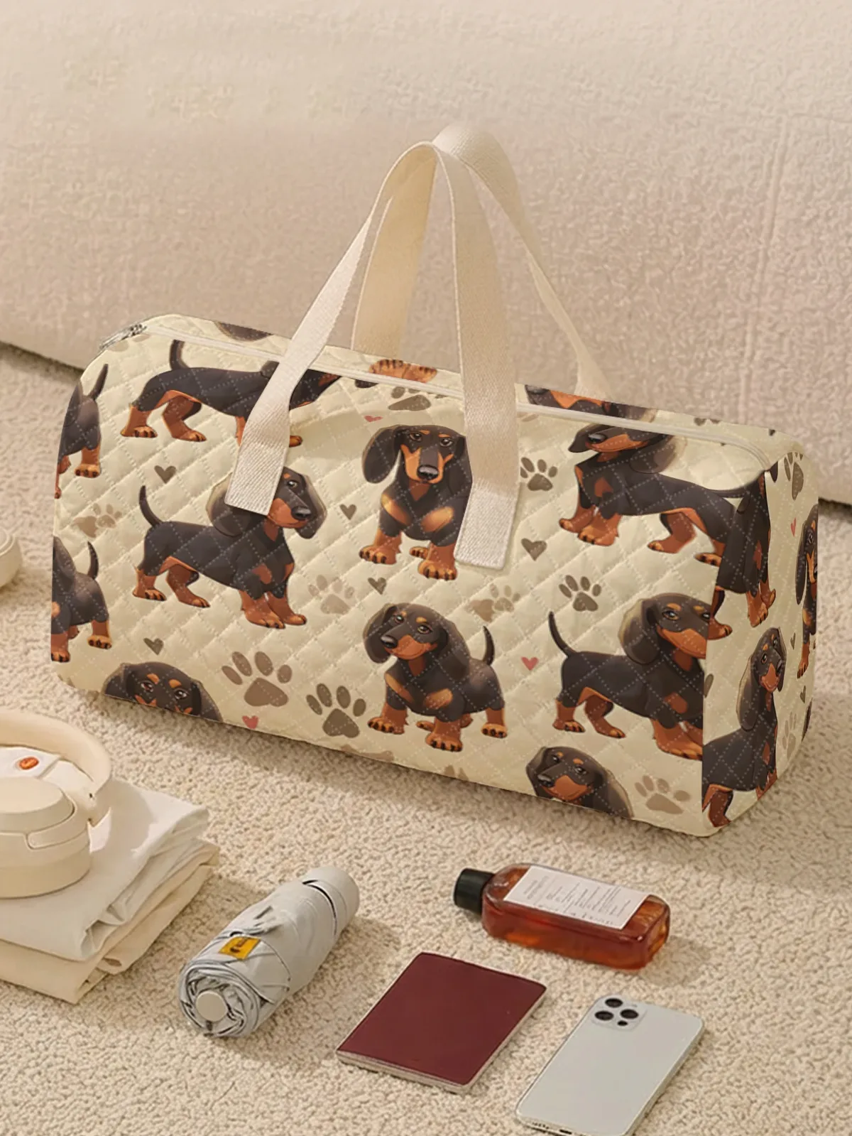 sac de sport portable avec imprimé cœur et patte de chien teckel mignon, 2 styles, 1 pièce, adapté aux voyages de week-end, aux sports et aux courses.