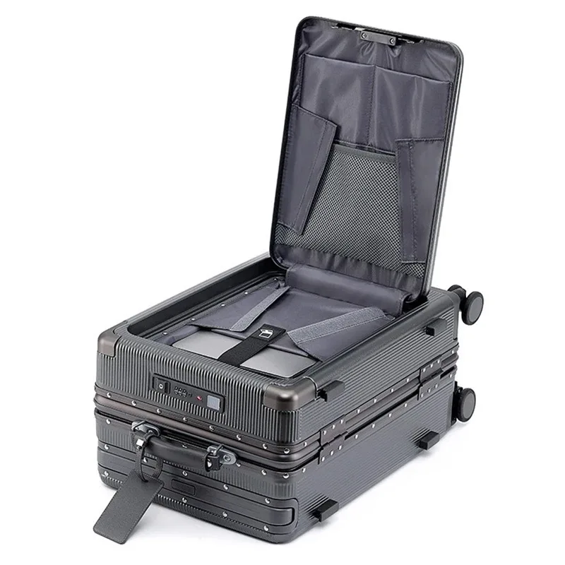 valise à roulettes de voyage d'affaires multifonctionnelle avec cadre en aluminium à ouverture frontale de 20 pouces, serrure à combinaison et poignée télescopique large