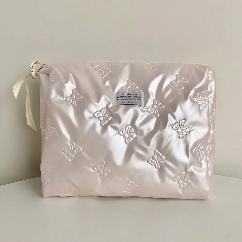 sac à cosmétiques élégant en matériau pu, compartiment de rangement, décoration d'arc, trousse de toilette, trousse de maquillage multifonction, organization quotidienne