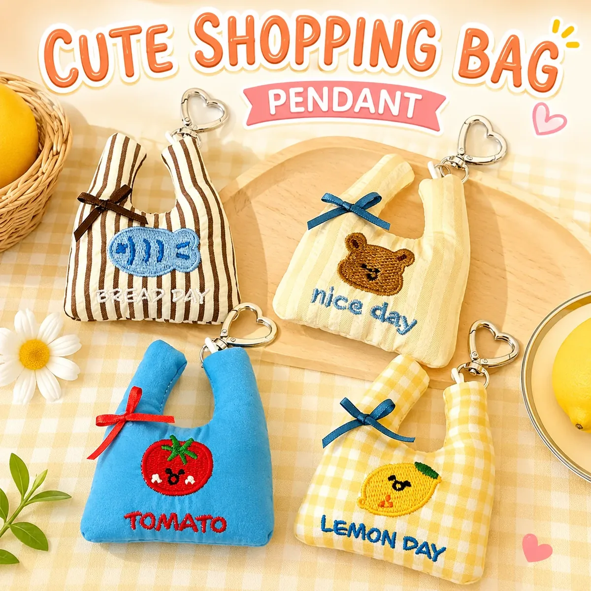 Pendentif mignon pour sac de shopping, breloque cœur, porte-clés, pendentif en tissu brodé pour sac fourre-tout, décoration de sac à dos pour filles