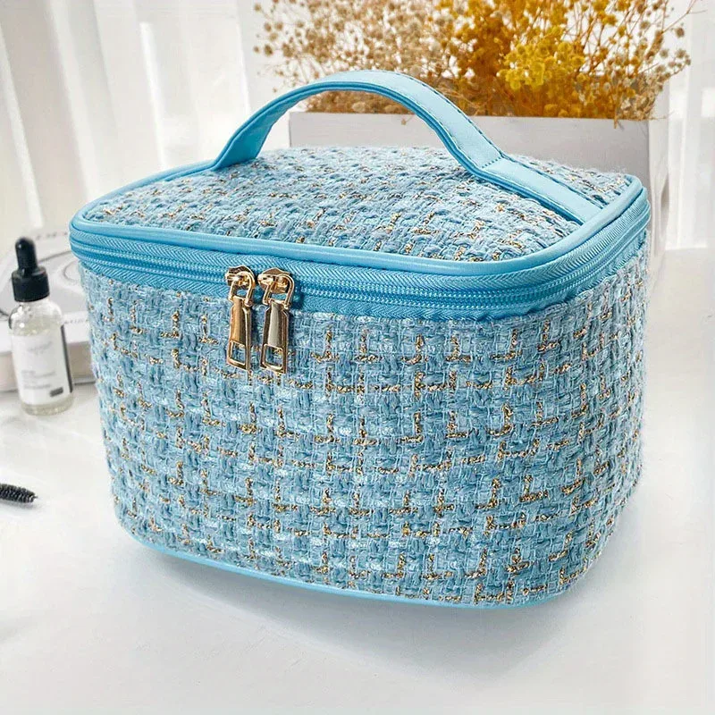 élégante trousse de maquillage en tweed avec poignée, sac de rangement cosmétique grande capacité, trousse de toilette portable pour femme