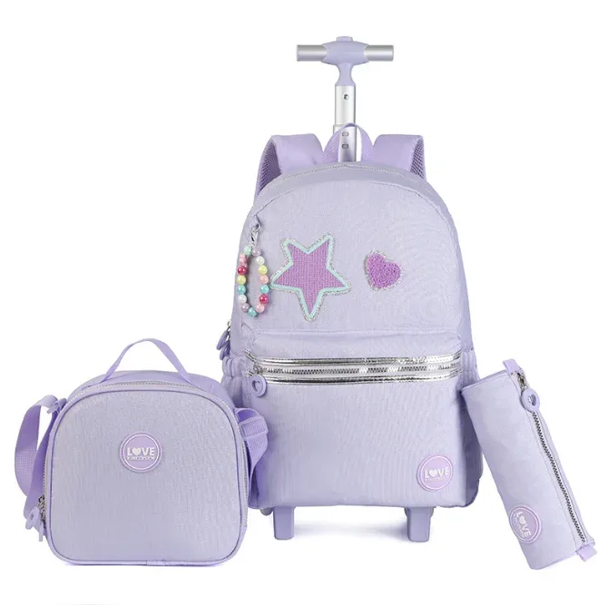 Sacs à dos à roulettes avec sac à déjeuner pour filles, ensemble de sacs à roulettes pour filles, roulettes de 18 pouces, sac à dos scolaire à roulettes