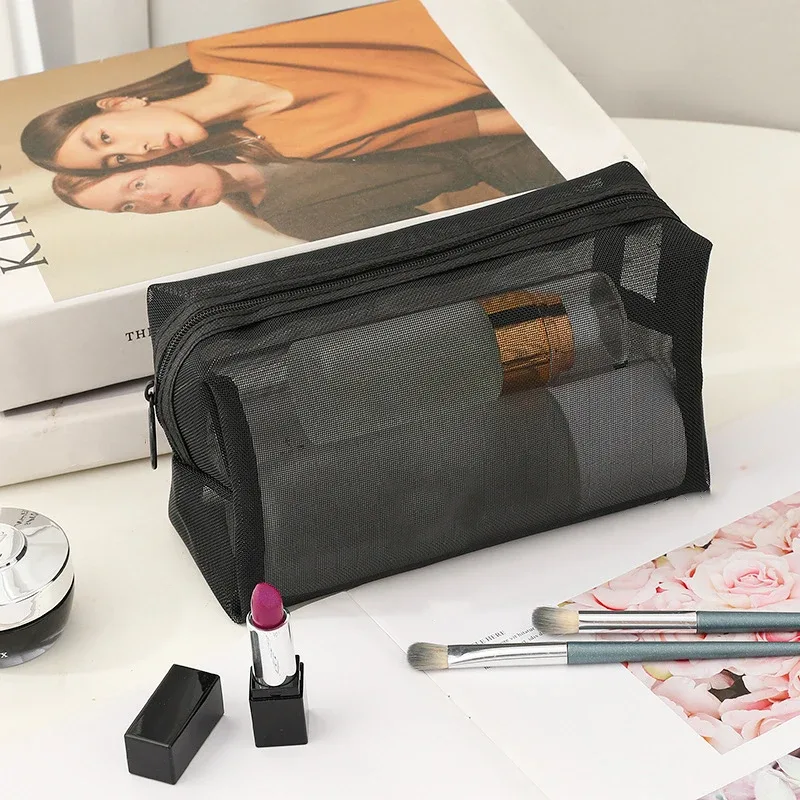 sac à cosmétiques transparent en maille, pochette de rangement de voyage portable pour articles de toilette, organisateur de maquillage léger et respirant pour usage quotidien en extérieur