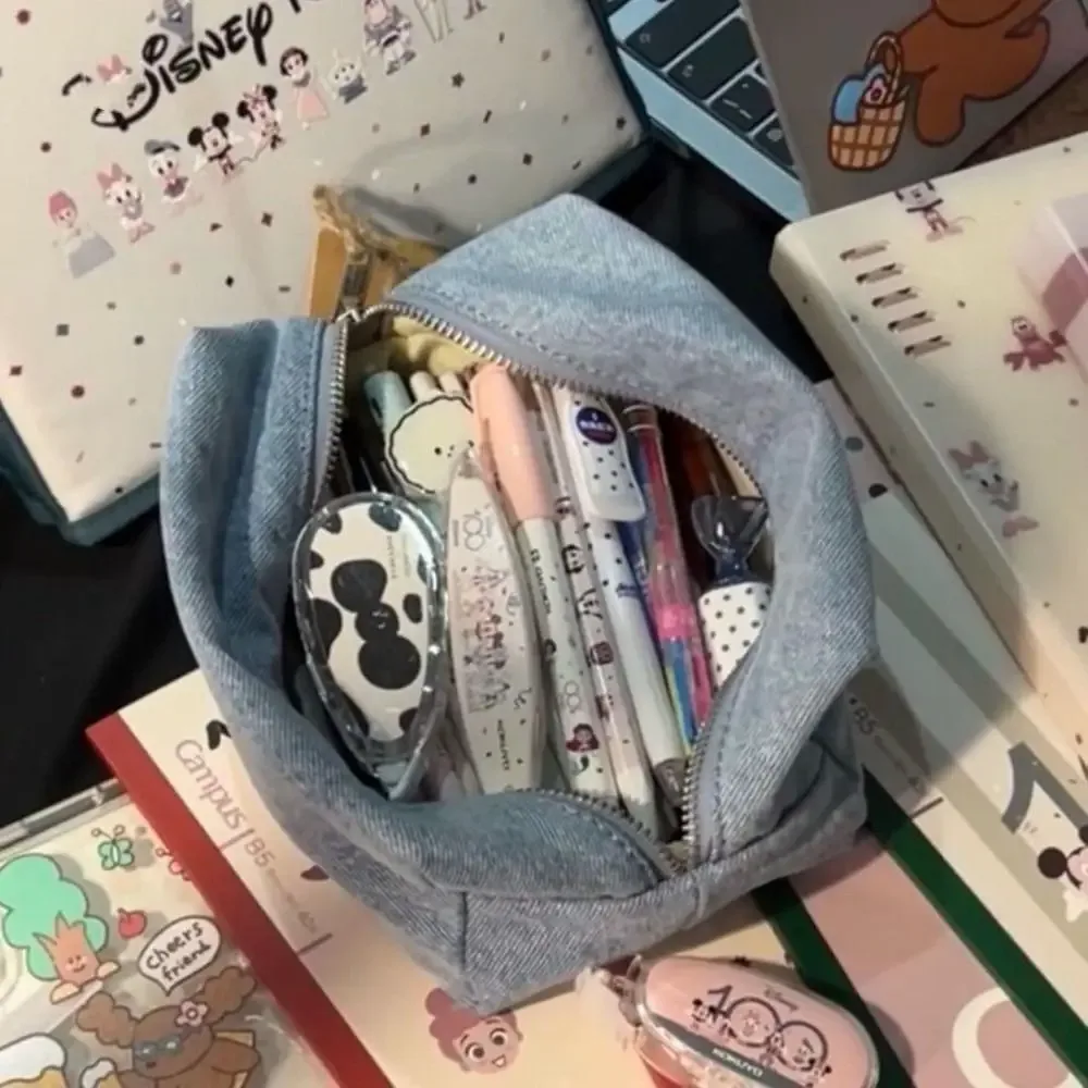 sac de maquillage en denim bleu de couleur unie, organisateur de voyage, sac à crayons d'étudiant de style coréen, sacs à cosmétiques rectangulaires vintage en jean