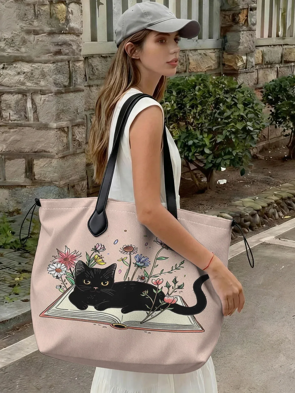 Sac fourre-tout coloré à imprimé chat pour femme, grande capacité, avec poignée en cuir, sac de shopping décontracté, sac à bandoulière