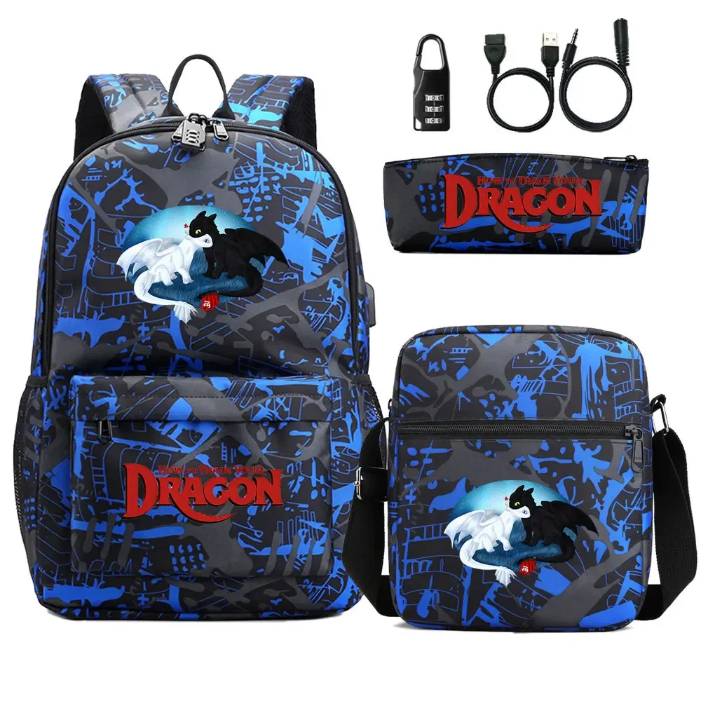 comment entraîner votre dragon 3 pièces usb antivol serrure garçon fille enfants retour à l'école livre sacs voyage sac à dos sac à bandoulière sacs à stylos