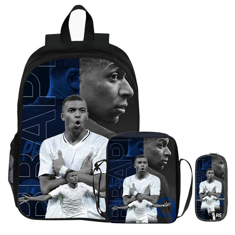 m-mbappe – ensemble de 3 pièces pour enfants, sac à dos pour étudiants, sac à bandoulière pour l'école, sacs à crayons, sac à livres, sac à dos de star du football, meilleur cadeau