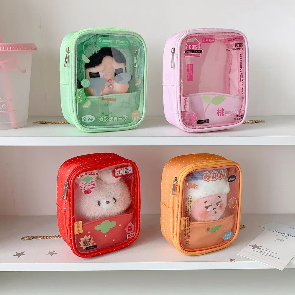 nouveau sac de rangement transparent carré à motifs de dessins animés et de fruits, pendentif décoratif pour sac à dos de filles, sac de présentation de figurines, cadeaux