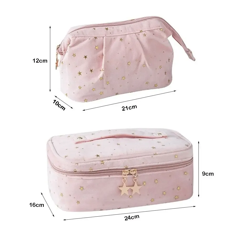 trousse de toilette de voyage grande capacité en velours motif étoiles bronzées, sac de rangement cosmétique en forme de coquille cubique pour femme