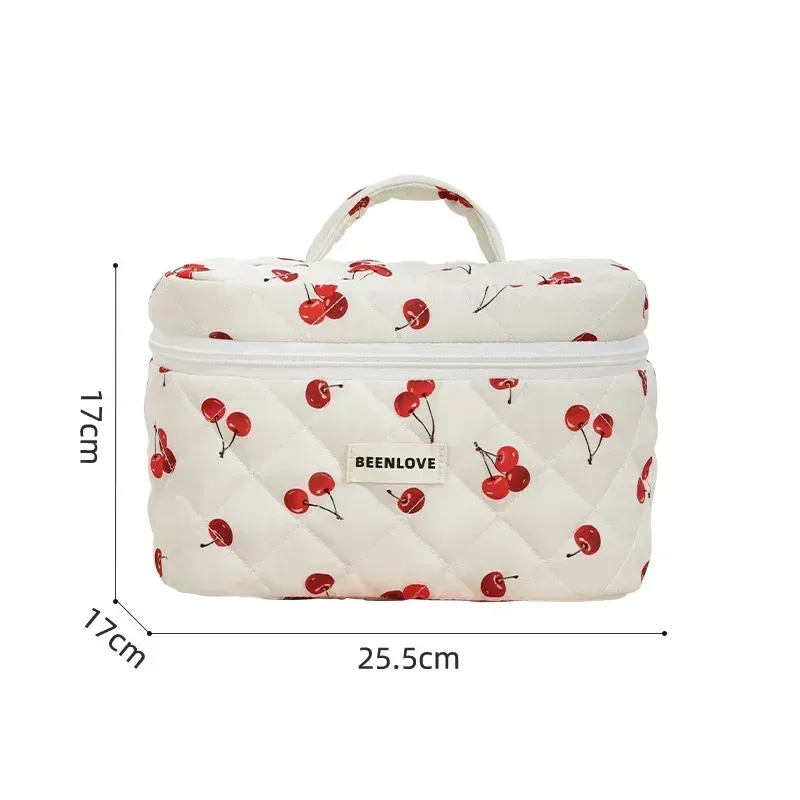 trousse de maquillage en coton matelassé avec impression, grand sac de voyage mignon pour poudres cosmétiques