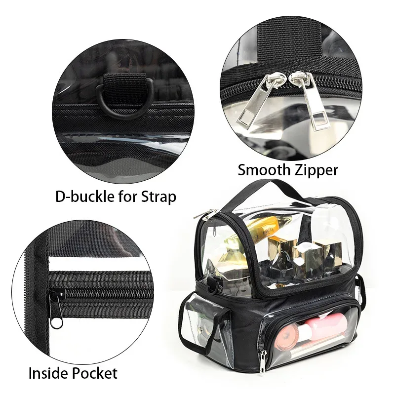 Sac fourre-tout noir transparent en PVC multi-poches, approuvé pour les stades, sacs à maquillage transparents à bandoulière, sacs de voyage portables pour femmes, sac à main pour soins de la peau