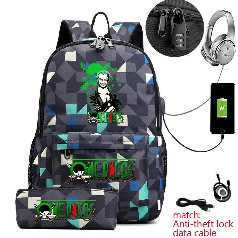 sac à dos d'école imprimé one piece zoro, antivol, pour enfants et adolescents, avec trousse à crayons