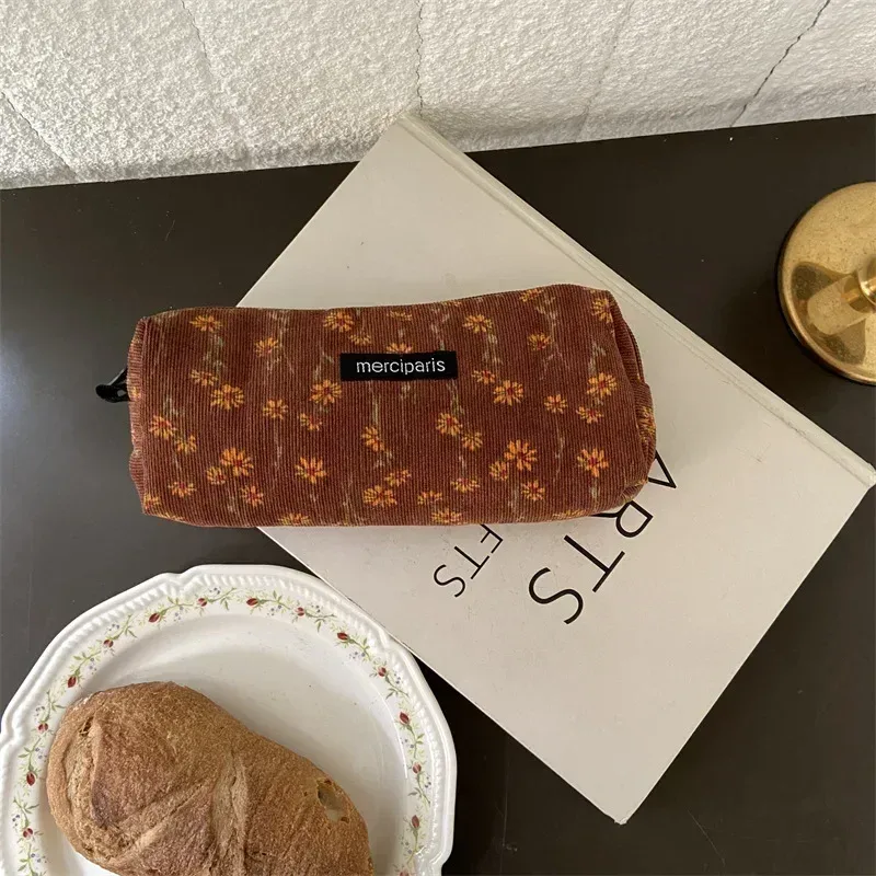 trousse de maquillage portable en velours côtelé pour femme, sac de rangement pour téléphone portable, trousse de maquillage pour fille, poudres, fleur vintage, voyage