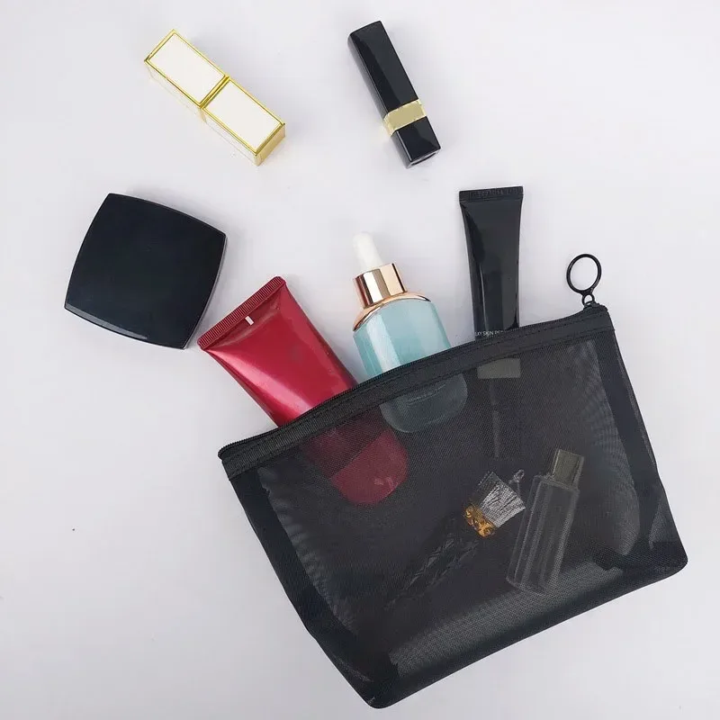 trousse de maquillage en maille transparente, pochette de rangement pour organisateur, sacs de toilette décontractés à fermeture éclair, trousse de maquillage pour femmes, sac à cosmétiques de voyage
