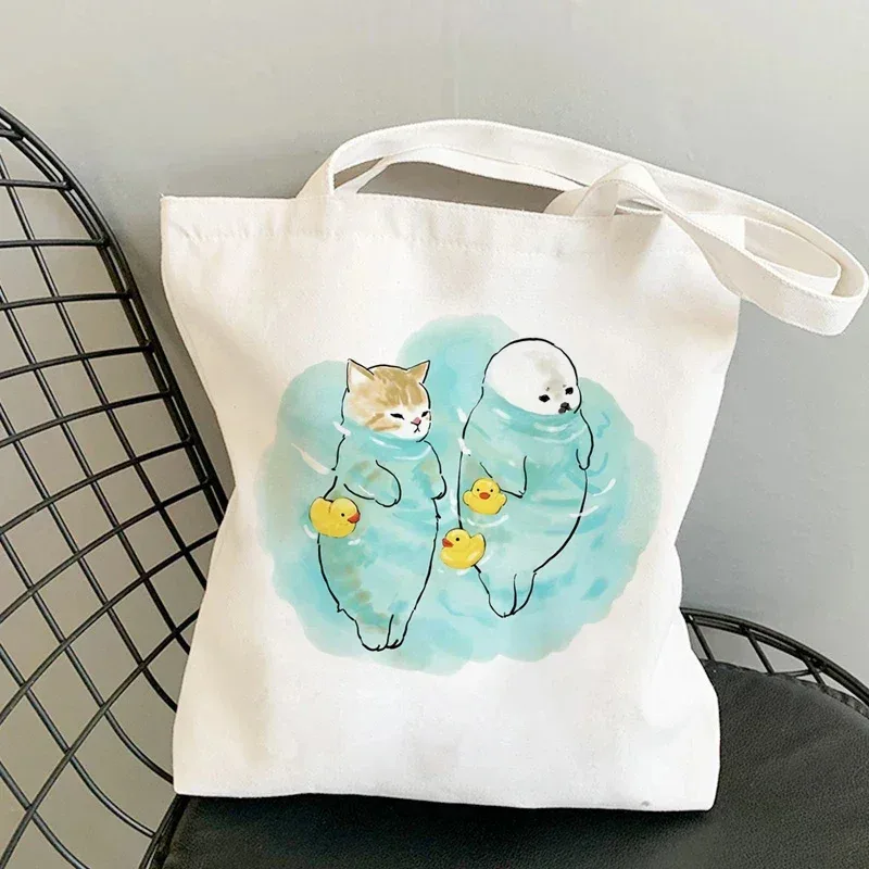 femme sacs à provisions kawaii dessin animé chats amusant sac fourre-tout shopper organisateur décontracté déjeuner sacs à main grande capacité toile sacs à bandoulière
