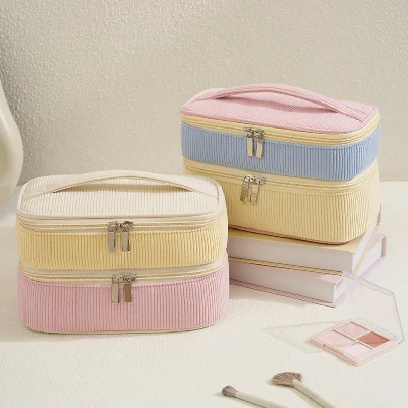 Nouvelle trousse de maquillage à double couche de grande capacité, en matériau souple, avec fermeture éclair, sac de rangement portable à main.
