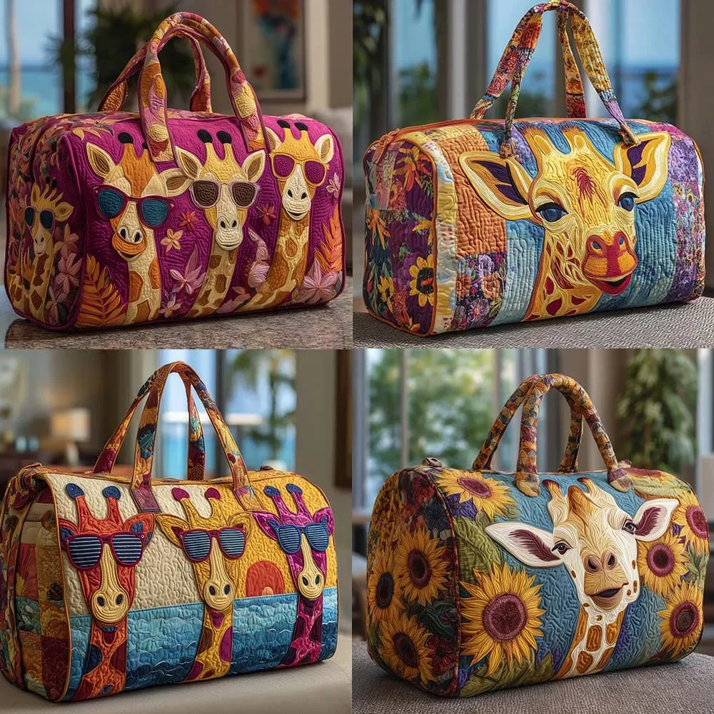  Sac de voyage matelassé à imprimé girafe de dessin animé pour femmes et hommes, sac fourre-tout de week-end pour l'extérieur 