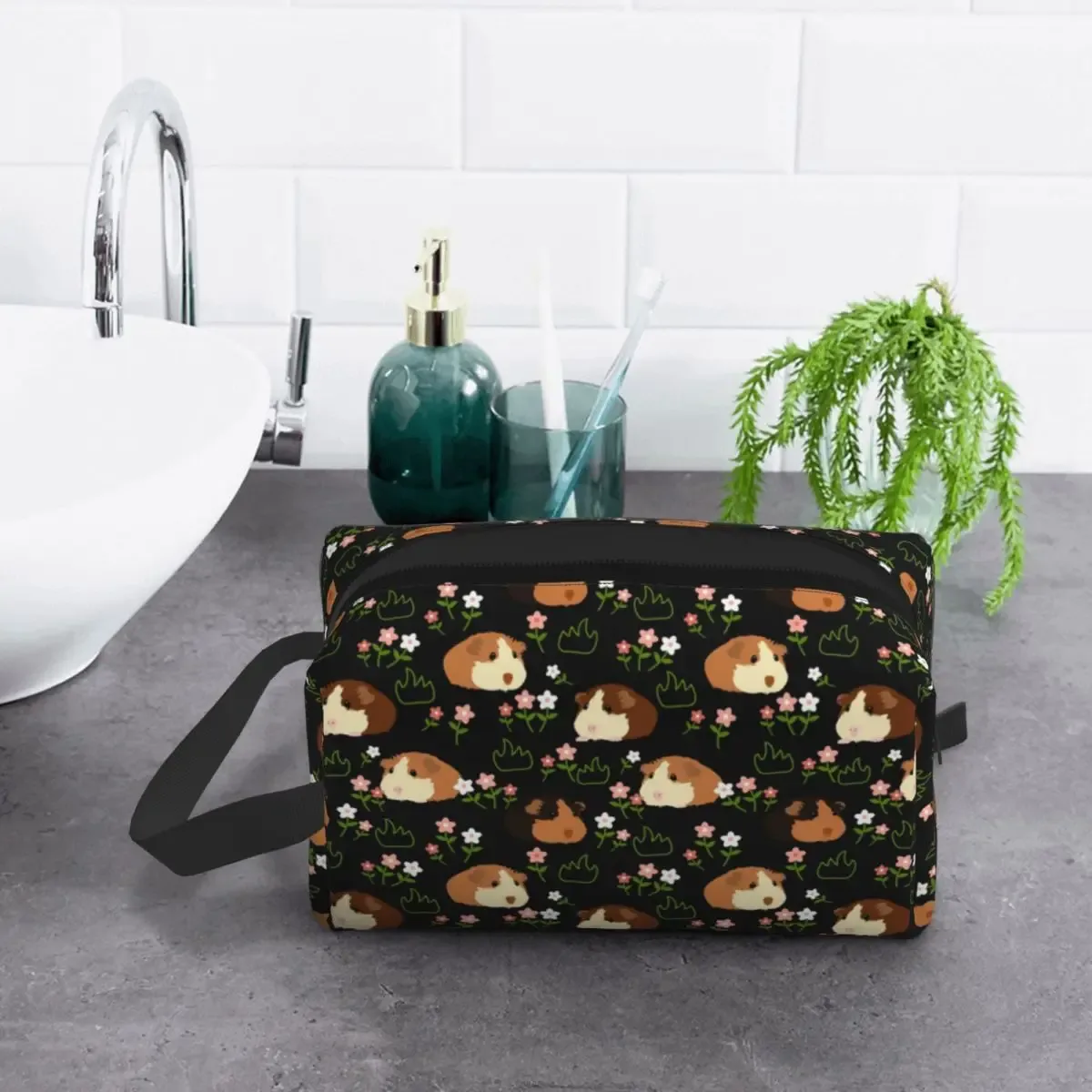 trousse de maquillage personnalisée cochon d'inde et fleurs pour femme, trousse de toilette de voyage cosmétique, rangement animal kawaii