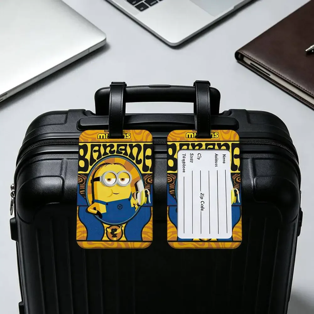 étiquette de bagage de voyage m-minions amusante et mignonne, couverture de carte d'information en pvc, marqueur de nom anti-perte pour sac à dos.