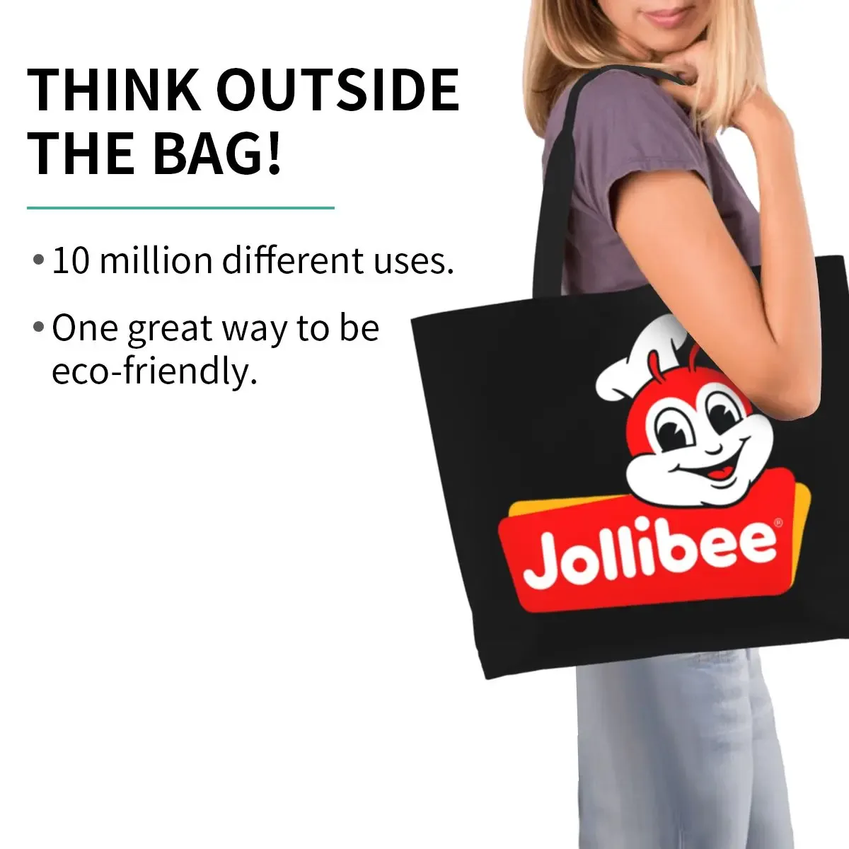 sac fourre-tout jollibee face shopping en toile, grande capacité, sac à bandoulière, sac de courses pour femmes