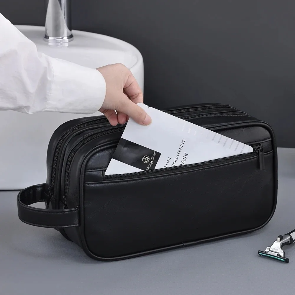 trousse de toilette homme en cuir pu double couche, organisateur de voyage résistant à l'eau pour articles de toilette et cosmétiques, sac de rangement pour rasage