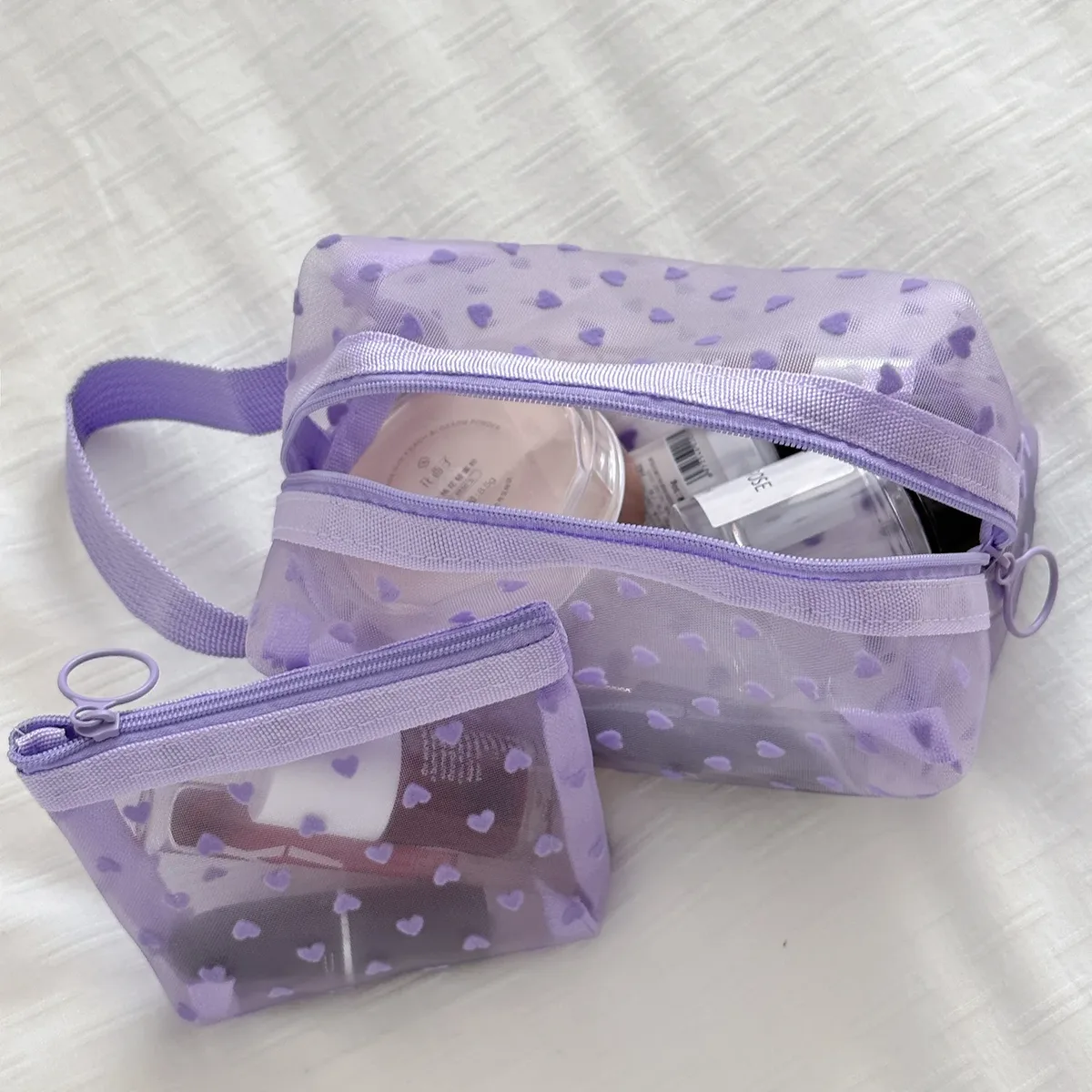 trousse de maquillage en maille de velours violet, trousses à cosmétiques, poudres de maquillage, sacs de rangement transparents, trousse d'évaluation de maquillage, trousse de toilette