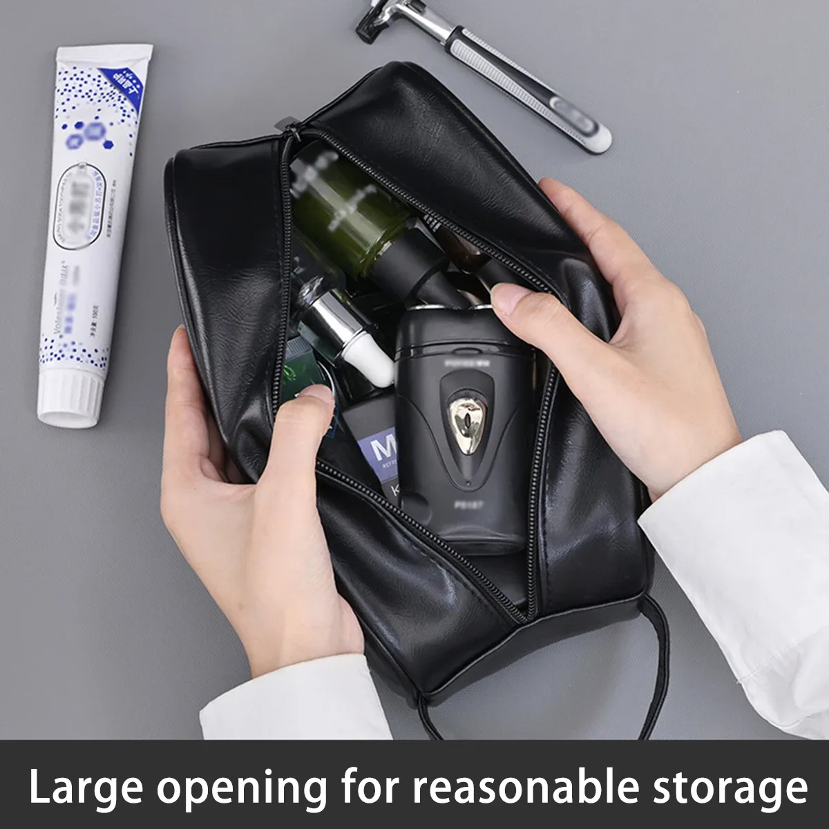 sac de toilette de voyage en cuir pu pour homme, sac de rasage portable imperméable, organiseur de cosmétiques multi-poches, trousse de toilette pour voyage