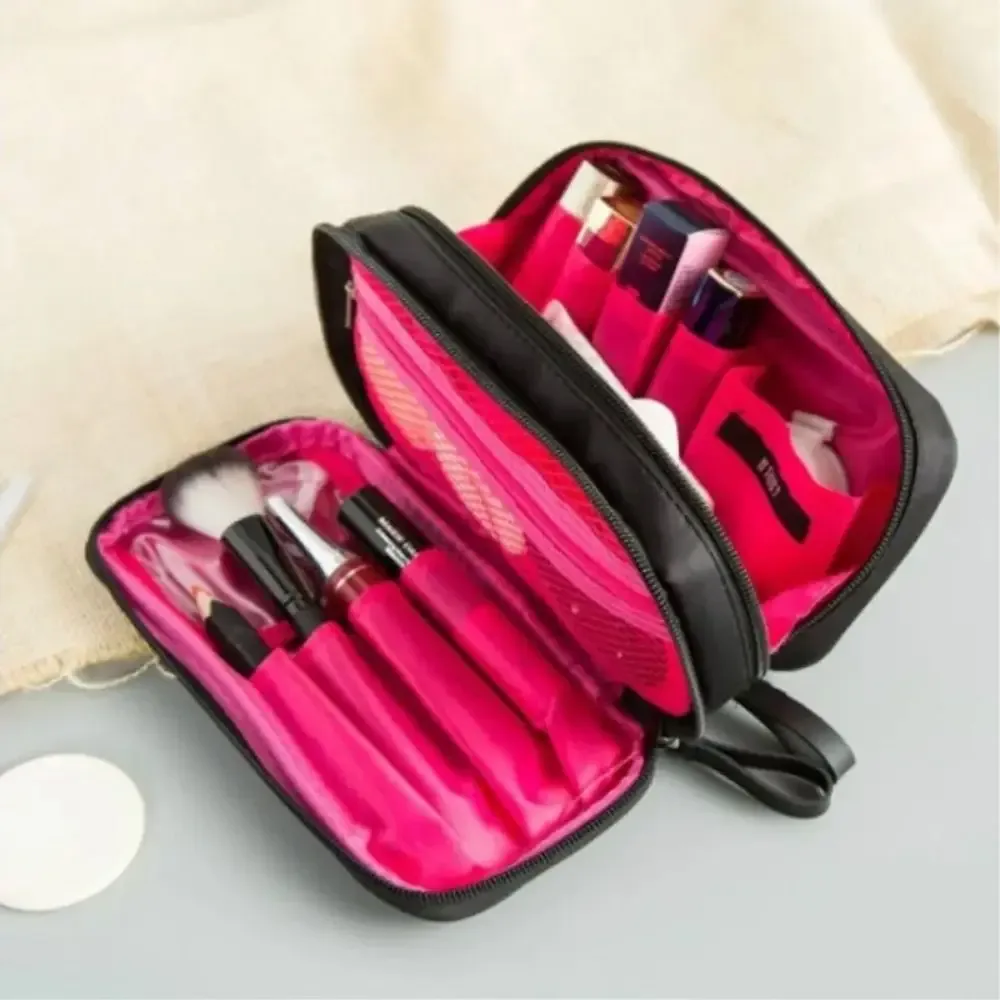 mini trousse de maquillage noire pour femme, sac de rangement en nylon pour fille, petit sac à cosmétiques à double fermeture éclair, mode de voyage design, 03/2