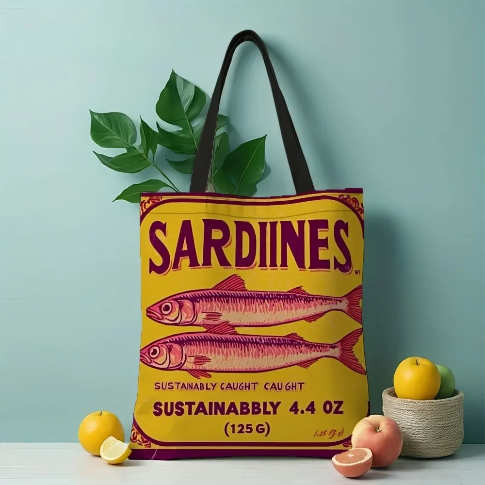 sac fourre-tout chic en polyester pour sardine, 1 pièce, tissu léger et durable pour le travail, l'école, cadeaux de shopping, cadeaux de sardine, sac de transport quotidien