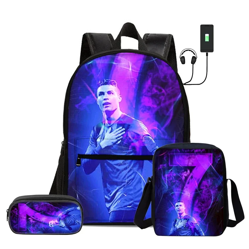 ensemble de 3 sacs à dos avec sac à bandoulière, trousse scolaire pour enfant, sac à dos ronaldo avec interface usb, sac à dos pour enfants