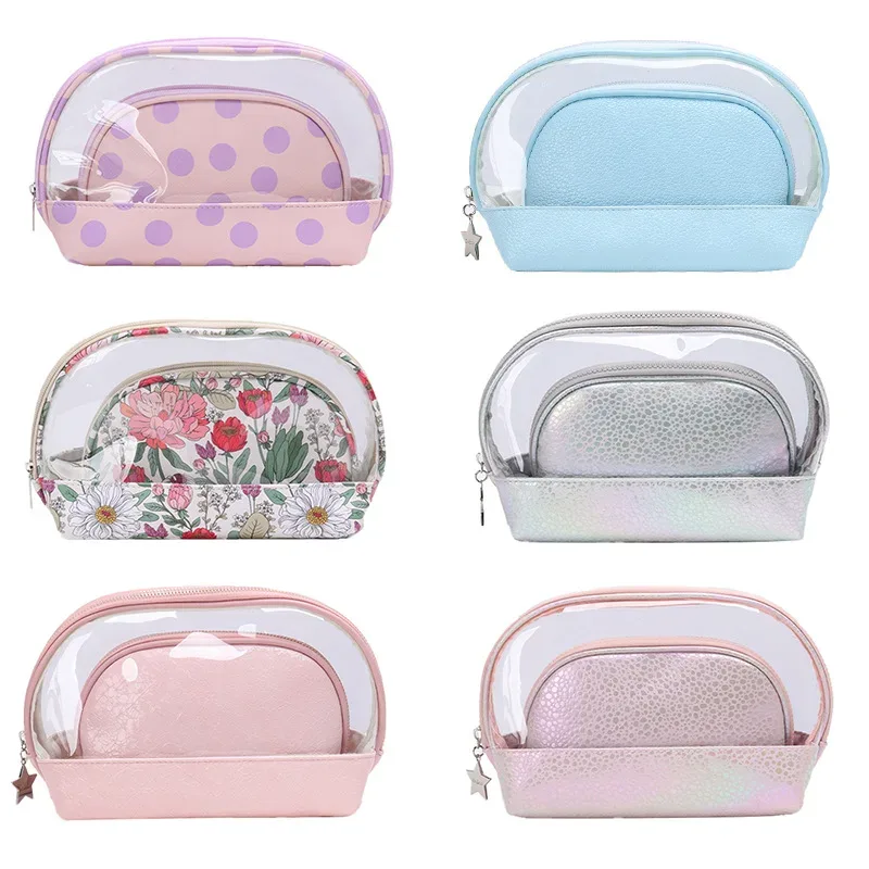 sac à cosmétiques portable de voyage imprimé pour femmes, petit sac de toilette transparent en pvc, pochette de rangement de maquillage à fermeture éclair, organisateur de cosmétiques