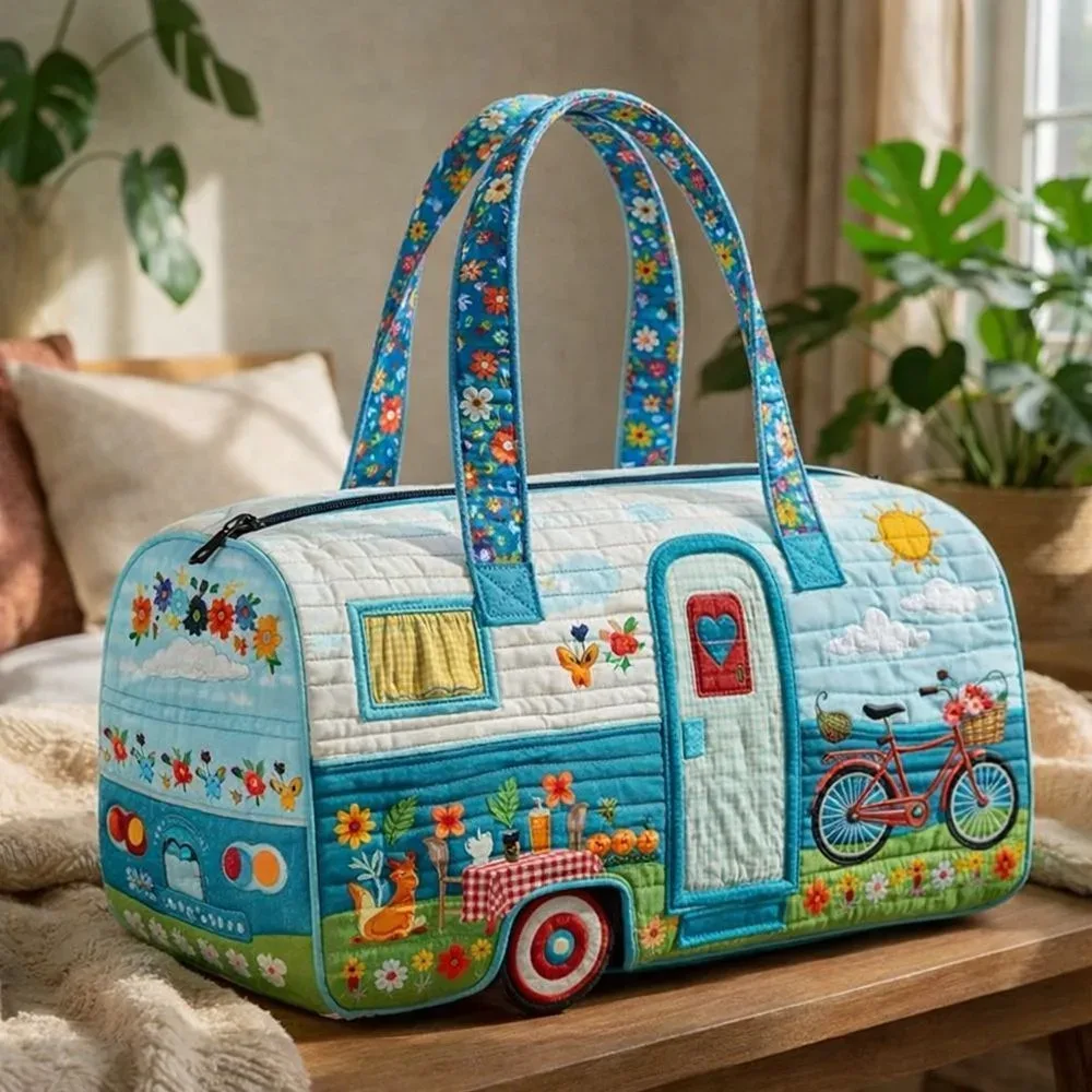 sac de voyage matelassé à bretelles réglables, en forme de voiture de camping, grande capacité, imprimé, pour la gym, le camping, la plage et les activités de plein air