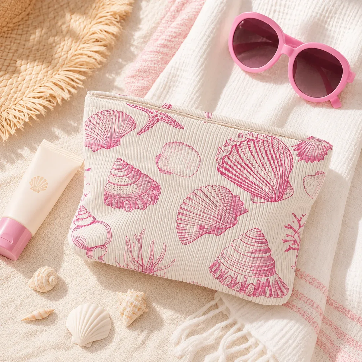 trousse de maquillage femme en velours côtelé rose imprimé coquillage grande capacité avec fermeture éclair pour voyage, plage et articles de toilette