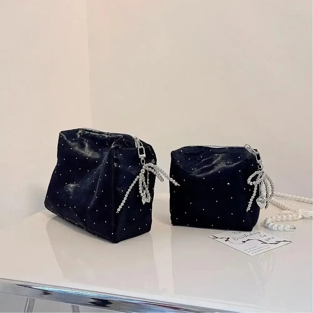 pochette de maquillage simple et luxueuse à paillettes, sac de rangement portable à fermeture éclair, sac à main perlé avec nœud et strass pour femme