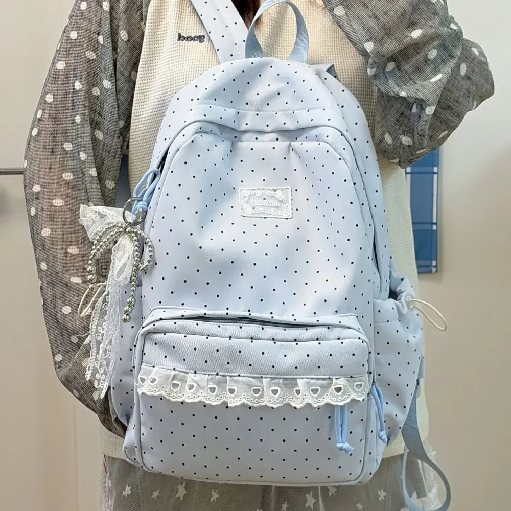 sac à dos tendance à pois, design minimaliste avec nœud, garniture en dentelle, grande capacité, léger, pour étudiants, usage quotidien