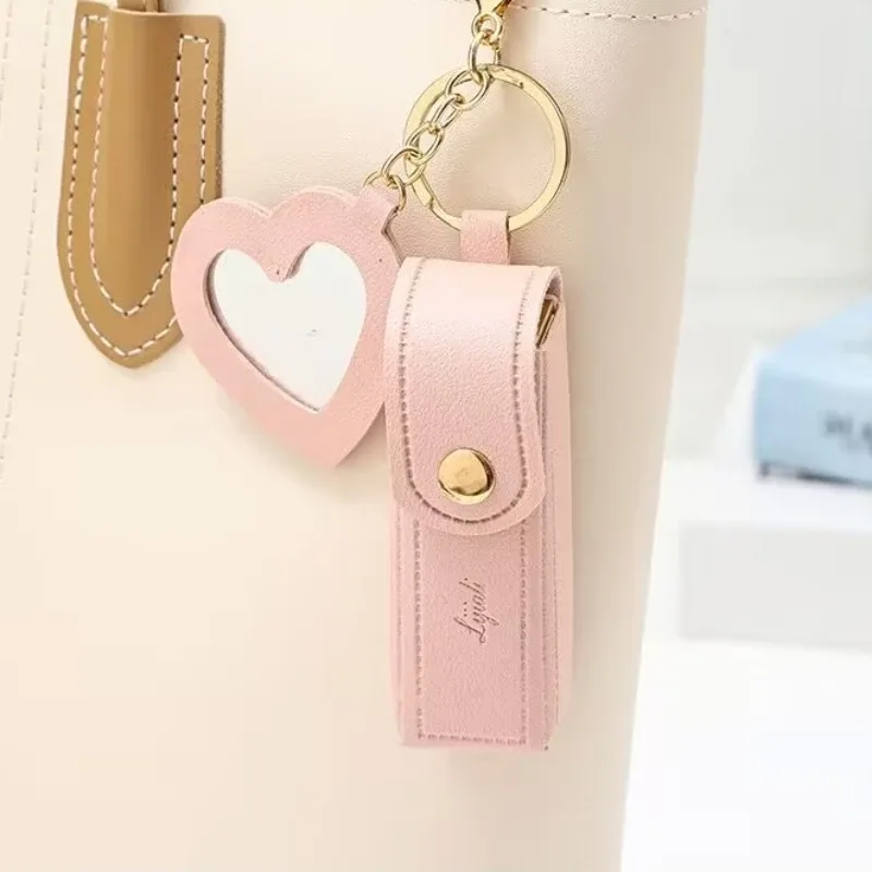 sac en cuir portable pour rouge à lèvres, poudre de maquillage, baume jules, porte-clés, housse de protection avec miroir