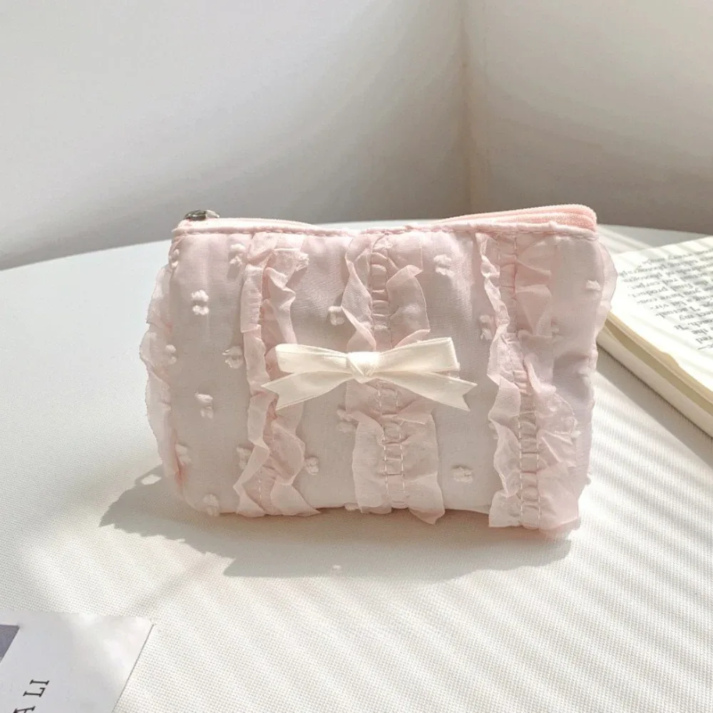 mini trousse de maquillage mignonne, nœud en dentelle, sac à main porte-monnaie portable, sac de rangement de cosmétiques pour dames
