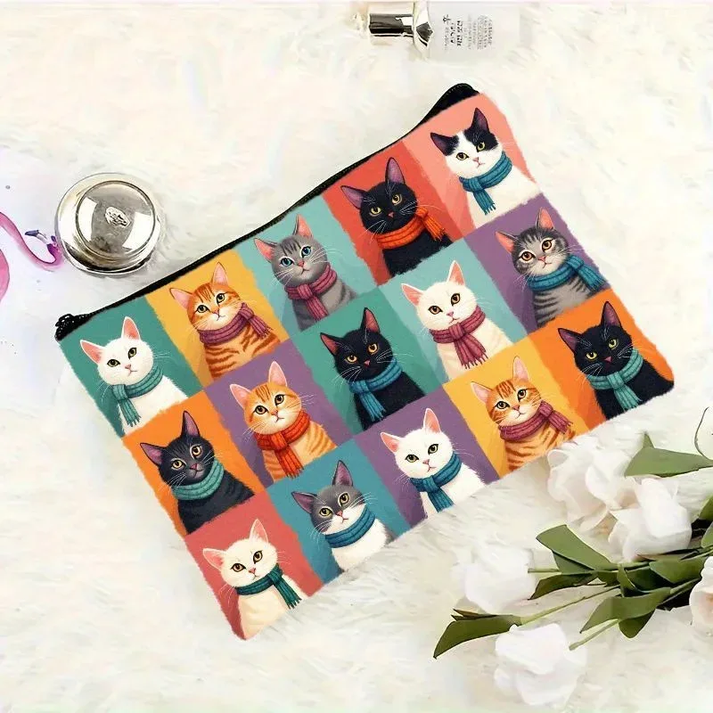 trousse de maquillage imprimée chat mignon avec fermeture à glissière, cadeau portable pour femmes et hommes pour les amoureux des chats, avec visages de chat vibrants et empreintes de pattes