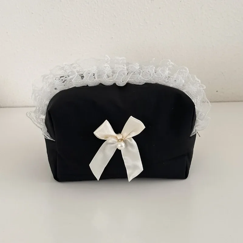 trousse de maquillage coréenne avec nœud en dentelle noire, organisateur de cosmétiques de grande capacité, pochette de toilette de voyage mignonne