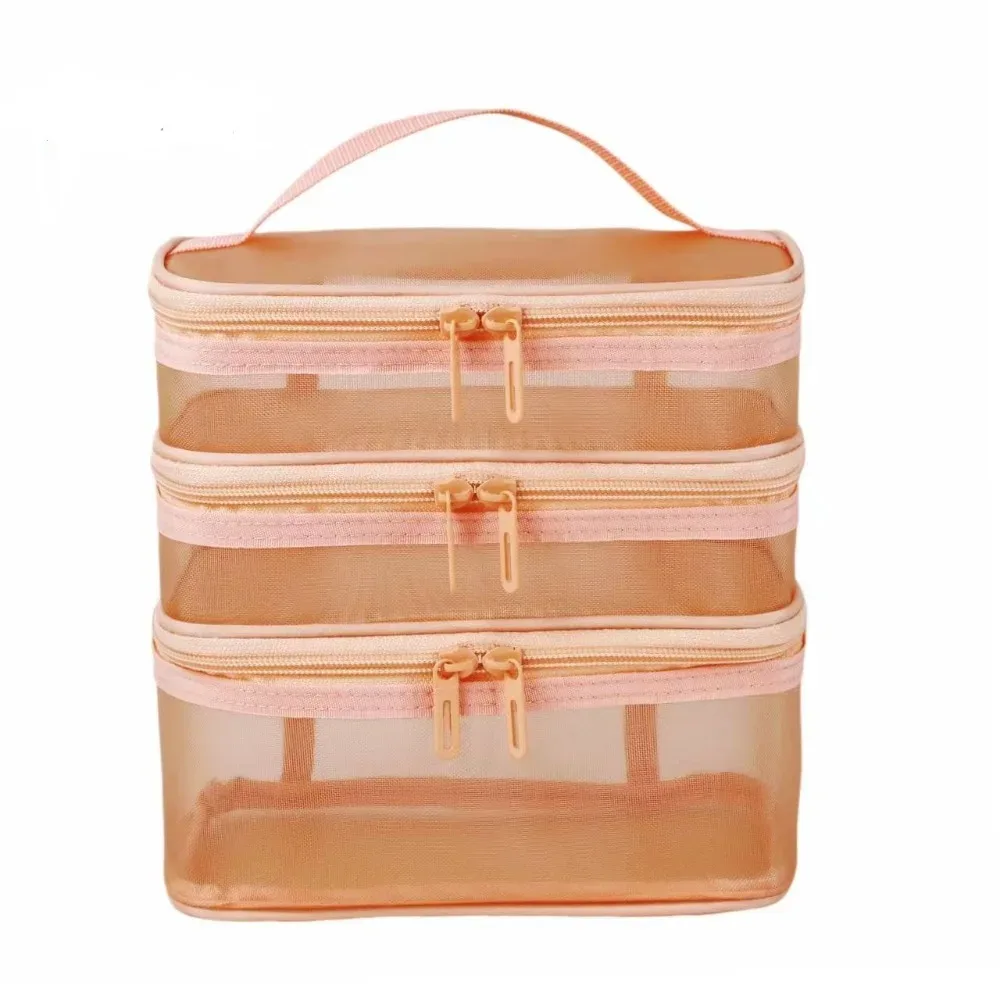 sac de voyage portable en maille transparente à 2/3 couches, grande capacité, trousse de toilette, trousse de maquillage à 2/3 couches, organisation des articles de toilette