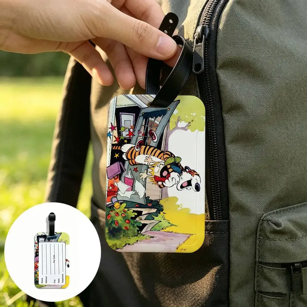 c-calvin-and-hobbes étiquette de bagage anti-perte en pvc durable, nostalgique et de qualité supérieure, avec carte d'information, légère, pour l'identification des bagages