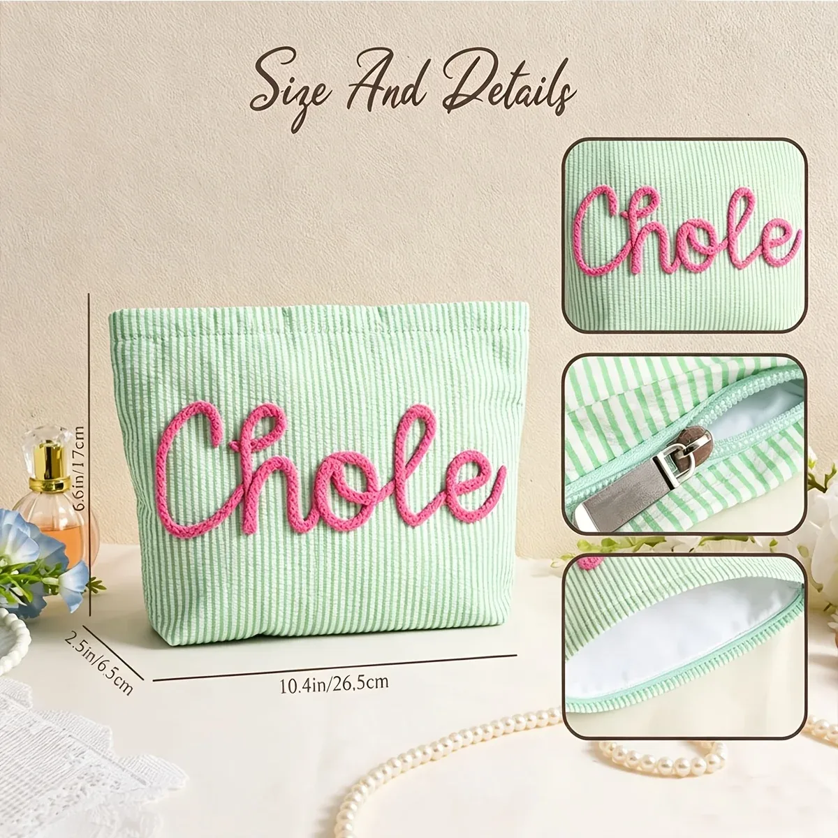 1 pièce trousse de maquillage personnalisable en seersucker rayé, pochette cosmétique de voyage portable, sac de rangement pour la plage d'été, cadeau pour demoiselle d'honneur et petite amie