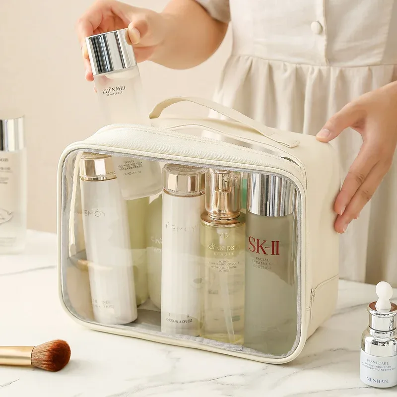 sac cosmétique transparent pour femmes, organiseur de maquillage en pvc transparent avec fermeture éclair, étui de rangement portable pour articles de toilette de voyage