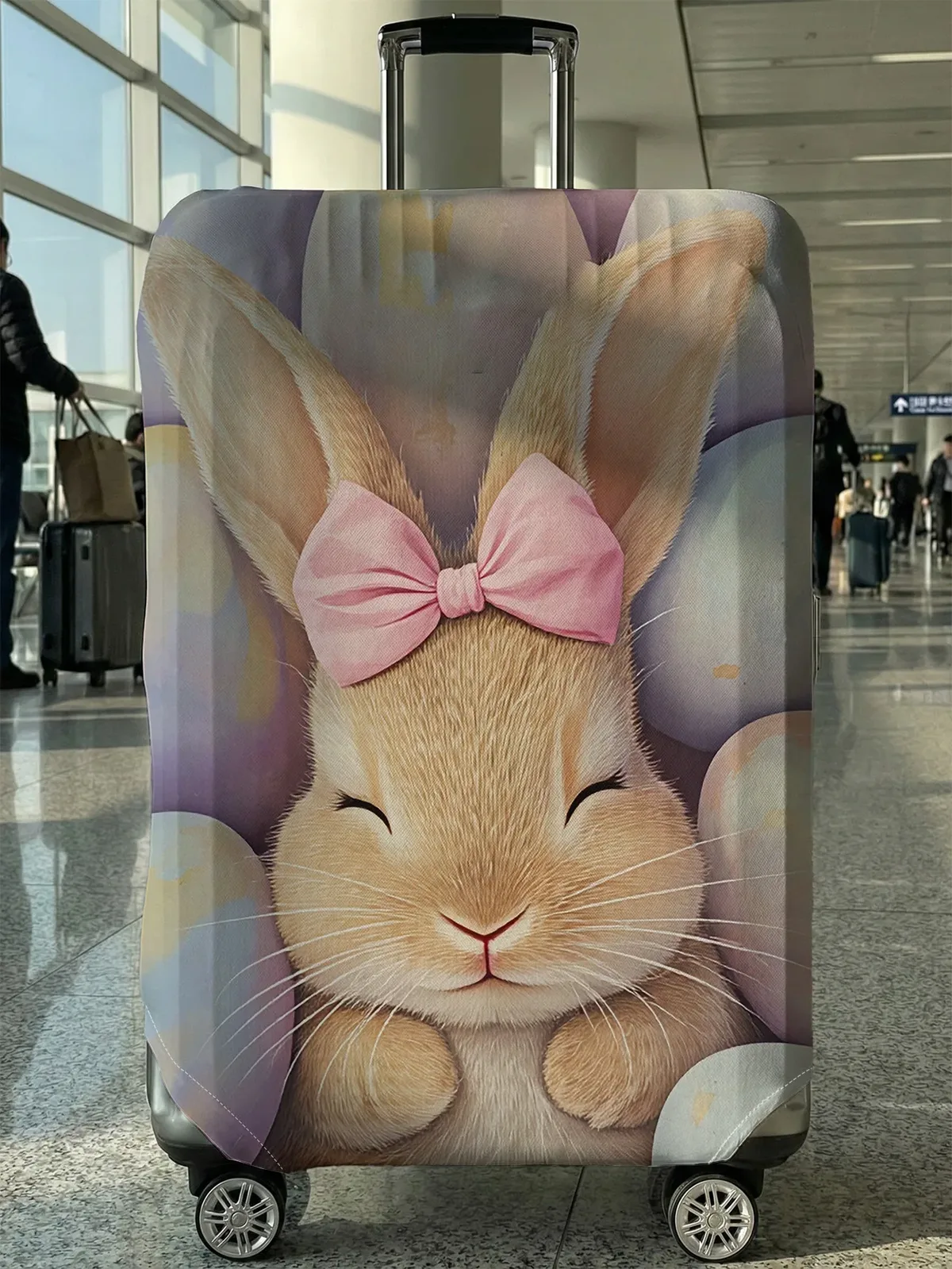 housse de bagage rose avec nœud et motif lapin, compatible avec les valises de 18 à 32 pouces, protège-poignée de valise, accessoires de voyage