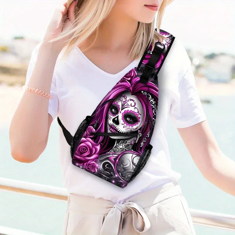 Sac à bandoulière crâne violet pour hommes et femmes – Sangle réglable, sac à dos décontracté pour la randonnée et les voyages en plein air, durable