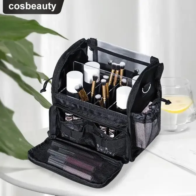 trousse de maquillage de voyage avec support de pinceau de maquillage, organisateur de synchronisation acrylique, sac cosmétique debout, sac d'artiste