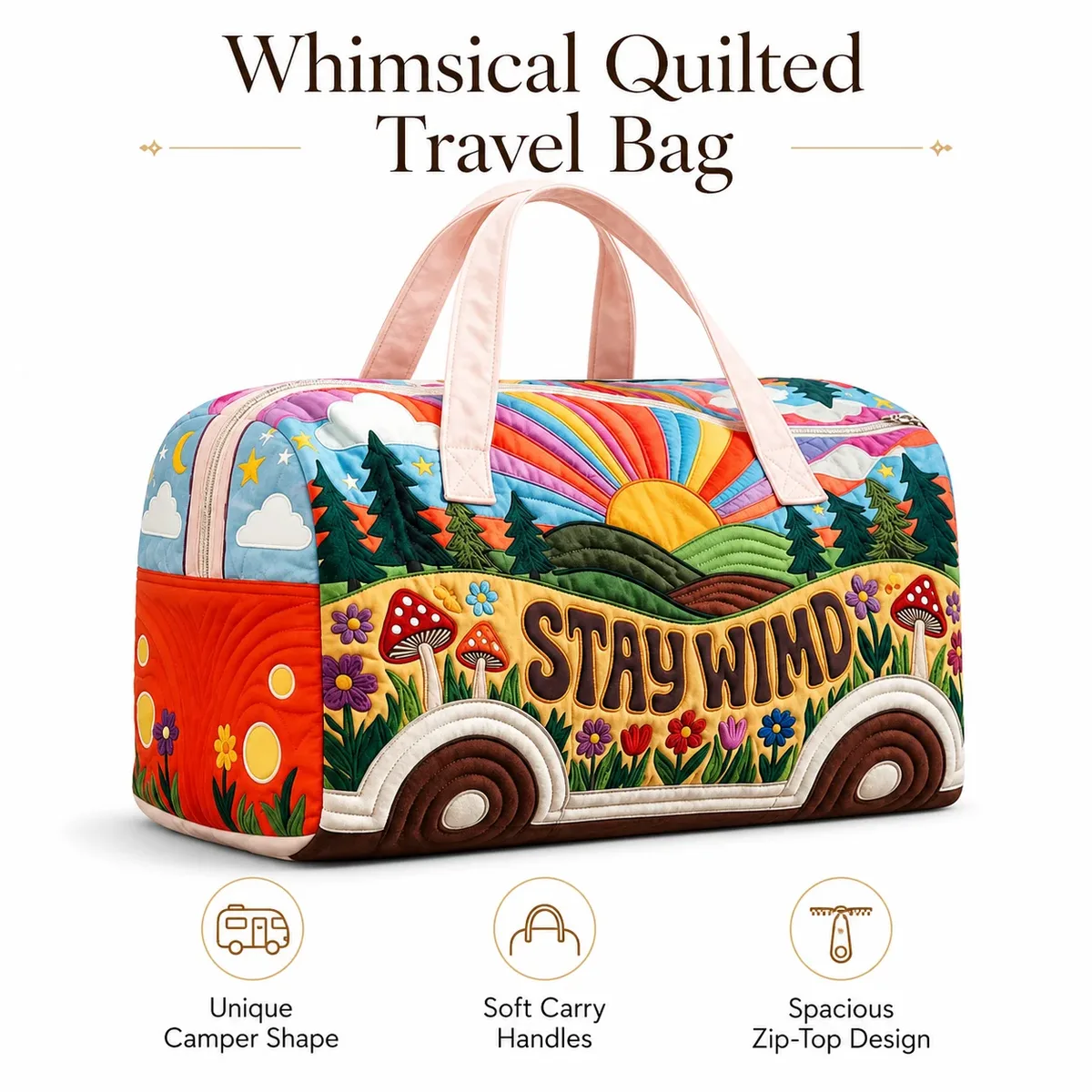 sac de voyage bohème de style camping rétro, sac de voyage de grande capacité avec motifs champignons et floraux, sac de nuit mignon style soleil et arc-en-ciel, sac fourre-tout léger pour le sport et la gym, adapté aux sports, aux vacances et aux occasions de cadeaux