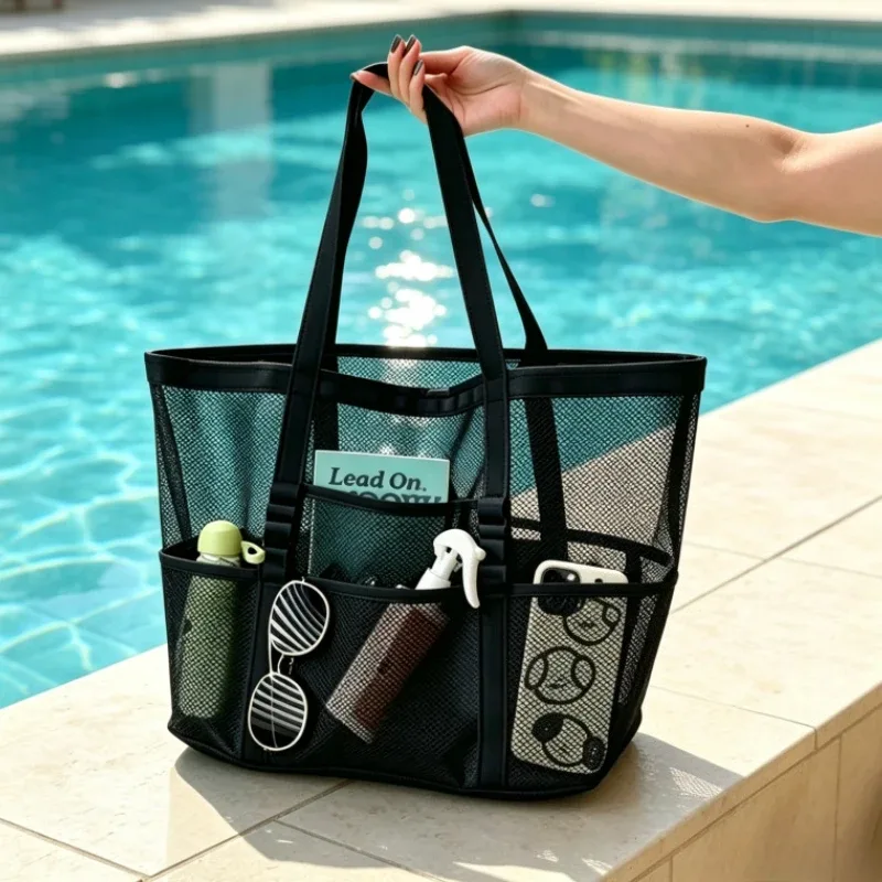 sac fourre-tout de plage grande capacité, sac à main en maille avec poches latérales de rangement, sac de transport portable pour les vacances en plein air et le quotidien